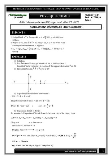 FICHE DE TRAVAUX DIRIGES PC Tle D OSCILLATIONS MÉCANIQUES LIBRES (CORRECTION) BY TEHUA