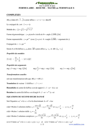 Formulaire de Maths niveau Terminale C et D
