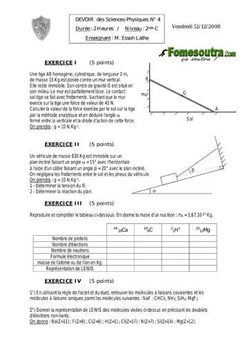 Devoir (5) de Physique-Chimie 2nde C - EMPT Bingerville