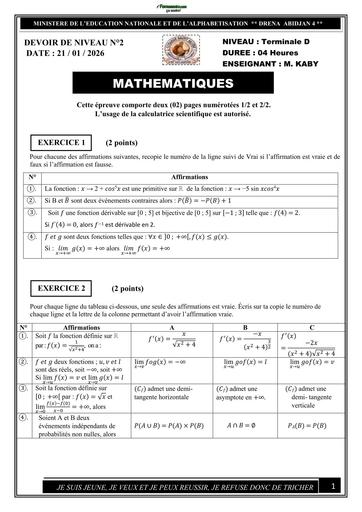 DEVOIR DE MATHS NIVEAU Tle D TRIMESTRE 2 2025 by TEHUA