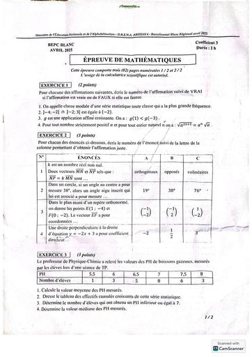 Bepc blanc régional 2025 dren Abidjan 4 MATHS SUJET BY TEHUA