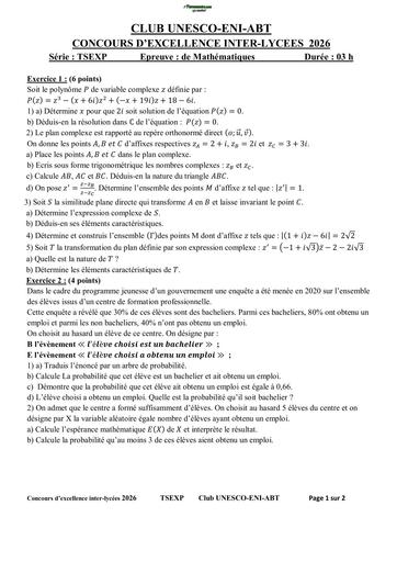 CONCOURS D'EXCELLENCE INTER LYCEE 2026 CLUB UNESCO MATHS SERIE Tle  Exp by TEHUA