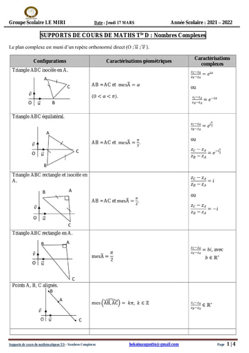 SUPPORTS DE COURS Nombres Complexes (1)