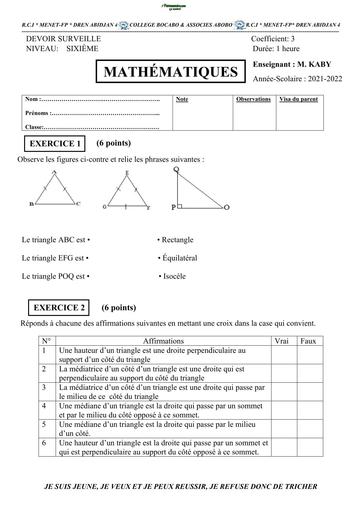 DEVOIR DE NIVEAU MATHS 6ième TRIMESTRE 2 TRIANGLES BY TEHUA