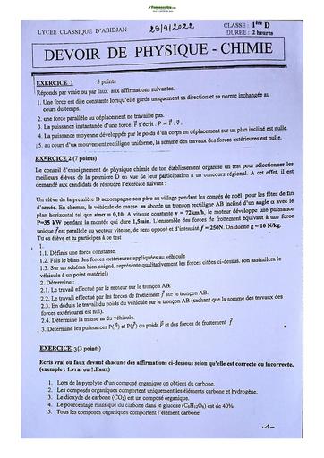 Sujet de Physique-Chimie Niveau Première D Lycée Classique Abidjan 2022-2023