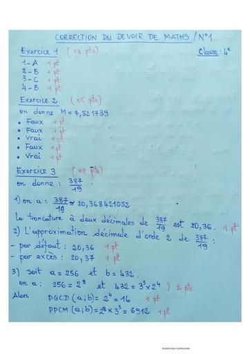 Correction et barème du Devoir de niveau N°1 maths niveau 4ieme du Collège Provincial by Tehua.pdf