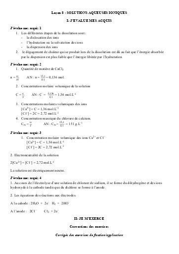 Corrigés Leçon 8 Solutions aqueuses ioniques
