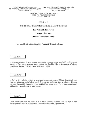Sujet d'ordre générale ISE option maths 2013 (ENSEA - ISSEA - ENSAE)