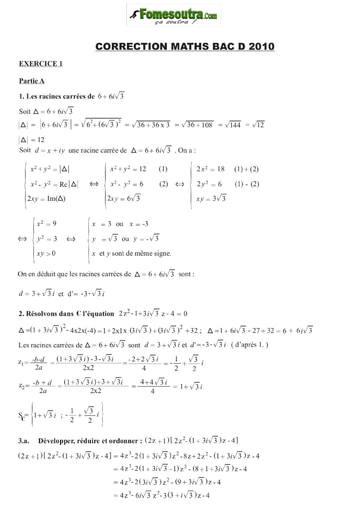 Corrigé de Maths BAC D 2010