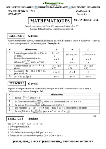 Devoir de Mathématiques niveau 3eme - Collège BOCABO & ASSOCIES Abobo