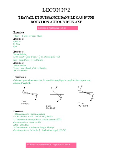 Corrigés Leçon 2 Travail et puissance Rotation
