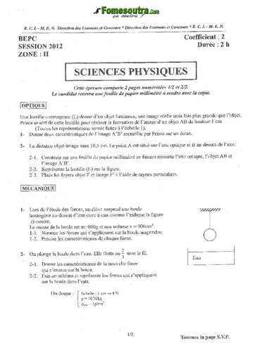 Sujet de Physique Chimie BEPC 2012 zone 2