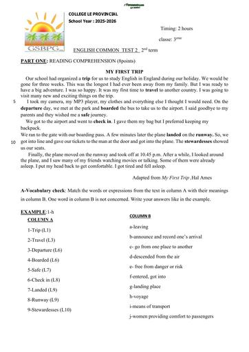 ENGLISH TEST 2 3ième MY FIRST TRIP by TEHUA