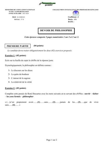 DEVOIR DE PHILO Tle D COLLEGE PRIVE D’EXCELLENCE DES PROFESSEURS KONGASSO by TEHUA