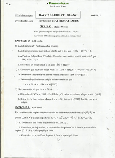 Sujet de Maths BAC blanc 2017 série C Lycée Sainte Marie de Cocody