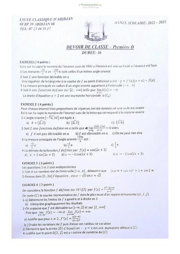 Sujet de Mathématique Première D Lycée Classique Abidjan 2022-2023