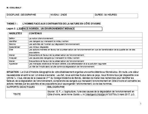 TH2 G6 2nde L’ESPACE IVOIRIEN UN ENVIRONNEMENT MENACE