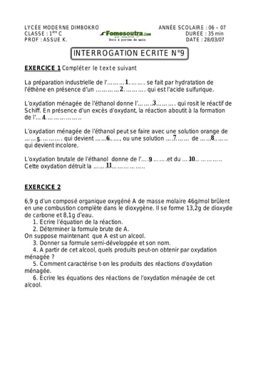 Interrogation (3) de Chimie 1ère C Lycée Moderne de Dimbokro