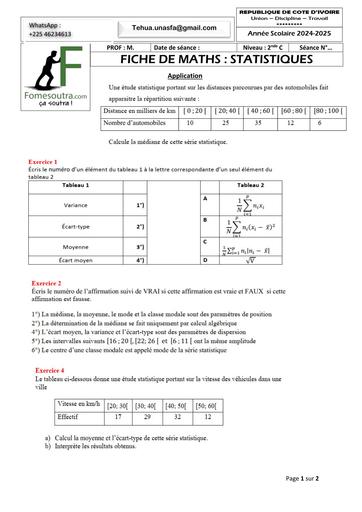 FICHE DE TRAVAUX DIRIGES MATHS 2nde C STATISTIQUES