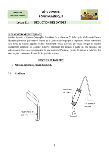 Réduction des oxydes - Cours 3eme