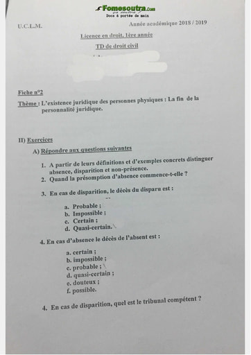 Travaux dirigés de Droit Civil - Licence en Droit 1ere année - Université Charles Louis de Montesquieu