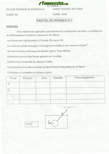 Devoir 2 de Physique niveau 3eme Collège Moderne Bingerville niveau 3eme