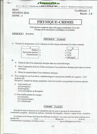 Sujet corrigé et barème de Physique Chimie BEPC 2016 zone 1