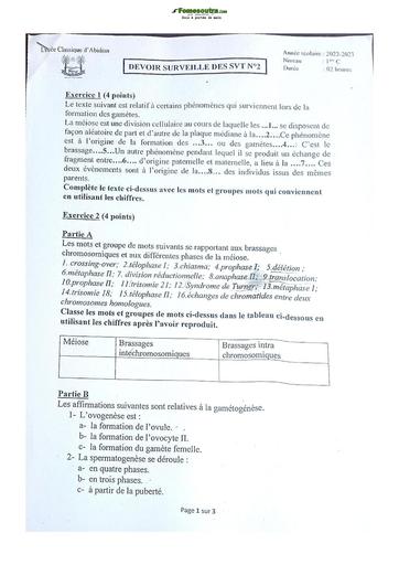 Sujets de SVT Première C Lycée Classique Abidjan 2022-2023
