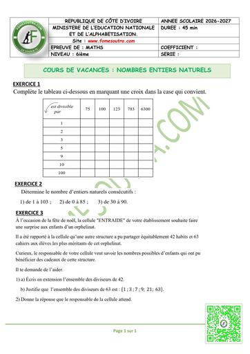 FICHE 3 MATHS 6ième L1 NOMBRES ENTIERS NATURELS by TEHUA