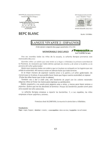 Sujet d'espagnol BEPC blanc 2013 Lycée Sainte Marie de Cocody