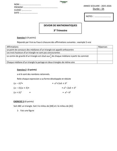 DEVOIR DE MATHS NIVEAU 4ième TRIMESTRE 1 BY TEHUA