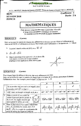 Sujet corrigé et barème de Mathématique BEPC 2018 zone 2