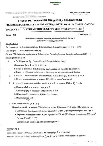 BTS CI Session 2026 Système FI IDA épreuves Maths générales et stat By TEHUA