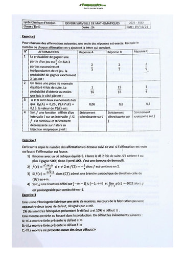 Sujets de Maths série D Lycée Classique d'Abidjan 21-22
