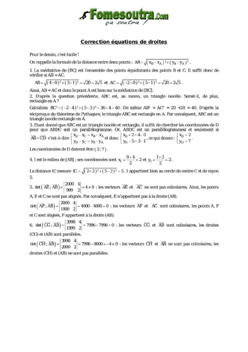 Corrigé Equations de droites - Maths niveau 2nd C