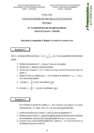 Sujet et Corrigé 2ème épreuve de maths ITS A 2016 (ENSAE - ISSEA)