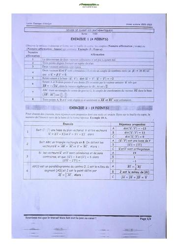 Sujet de Mathématiques Seconde C Lycée Classique Abidjan 2022-2023