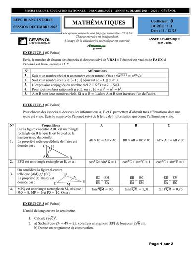 Sujet Maths BEPC Examen Blanc Cevenol DECEMBRE 2025 BY TEHUA