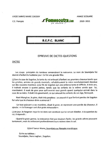 Sujet de dictée et questions BEPC blanc 2011 Lycée Sainte Marie de Cocody