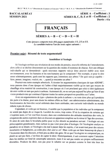 Sujet de Français BAC A B C D E et H 2021