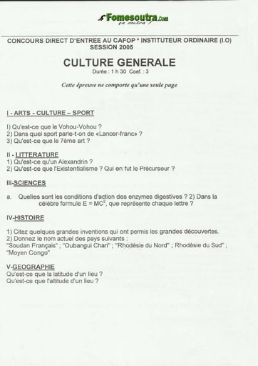 Sujet de Culture générale CAFOP 2005