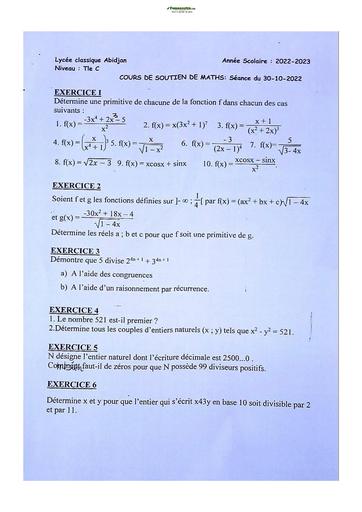 Sujets de Mathématique série C Lycée Classique d'Abidjan  2023