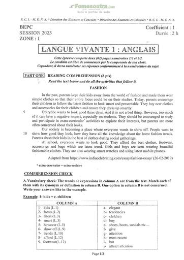 Compilation De Sujets Corrig s Et Bar mes Anglais BEPC 2023 Zone 1 2 3