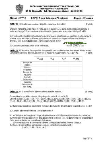 Devoir (21) de Physique-Chimie 2nde C - EMPT Bingerville