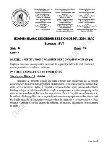 Sujet Bac blanc 2024 Diocesain cotonou SVT BAC D by Tehua