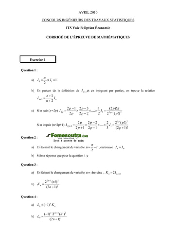 Corrigé Maths ITS B option Economie 2010 (ENSEA)