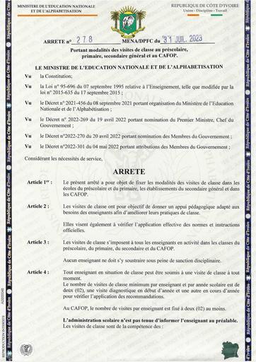 Arrêté N° 278 Portant modalités des visites de classe