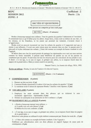 Sujet de dictée et questions BEPC 2012 Zone 1