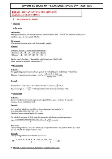 5 SUPPORT DE COURS MATHS 3ième LEÇON 11 STATISTIQUE