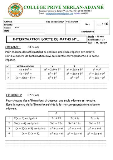 INTERROGATION ECRITE DE MATHS NIVEAU 4ième du 16 Janvier 2026 sur CALCUL LITTERAL BY TEHUA
